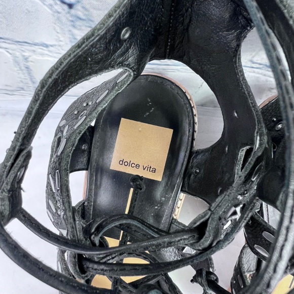 •|•DOLCE VITA•| Black Leather Studded Gladiator Sandals Size 9 w/ 4" Heel - Picture 10 of 16